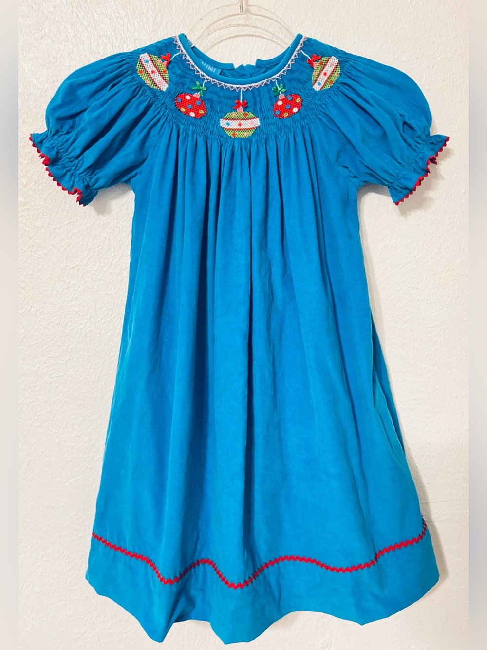 Girls' Turquoise Smocked Cotton Dress with Xmas Ornament Motif Corduroy Holiday